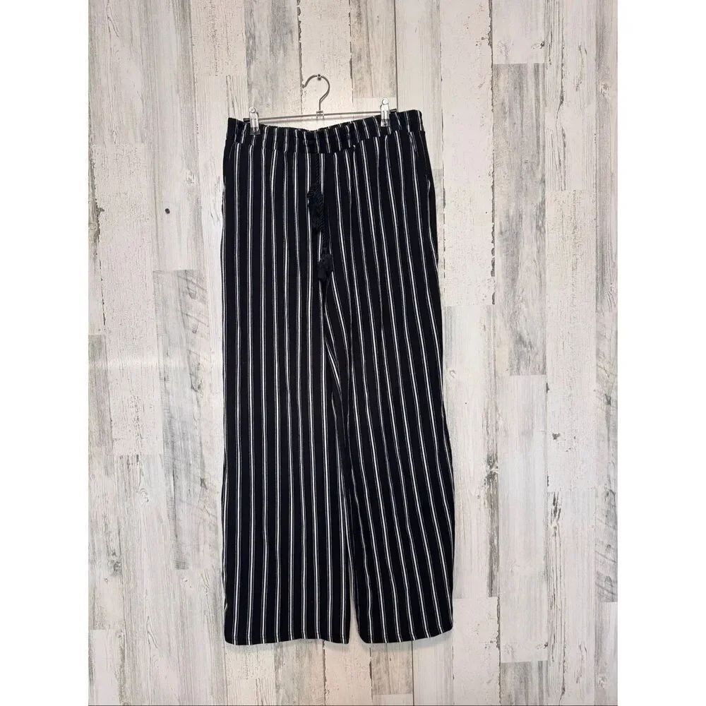 Hot Kiss Black & White Striped Wide Leg Lounge Pants Drawstring Casual Size M